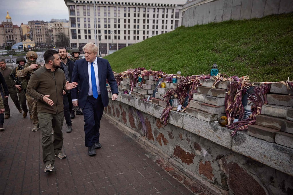 British Prime Minister Boris Johnson, right, and Ukrainian President Volodymyr Zelensky in Kyiv on April 9. Photo: Ukrainian Presidential Press Service / AFP British Prime Minister Boris Johnson, right, and Ukrainian President Volodymyr Zelensky in Kyiv on April 9. Photo: Ukrainian Presidential Press Service / AFP