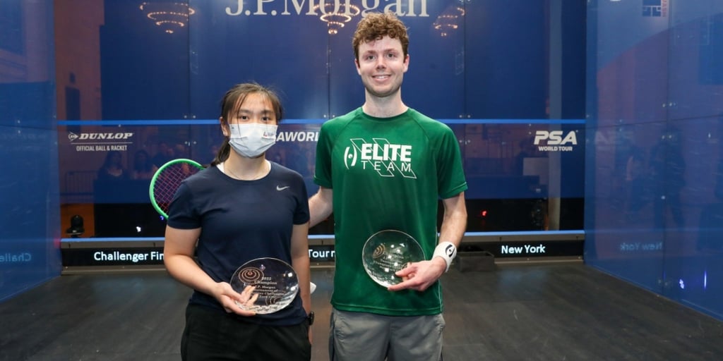 Women’s champion Chan Sin-yuk and Timothy Brownell, the men’s winner, at the 2022 Tournament of Champions Challenger. Photo: Professional Squash Association