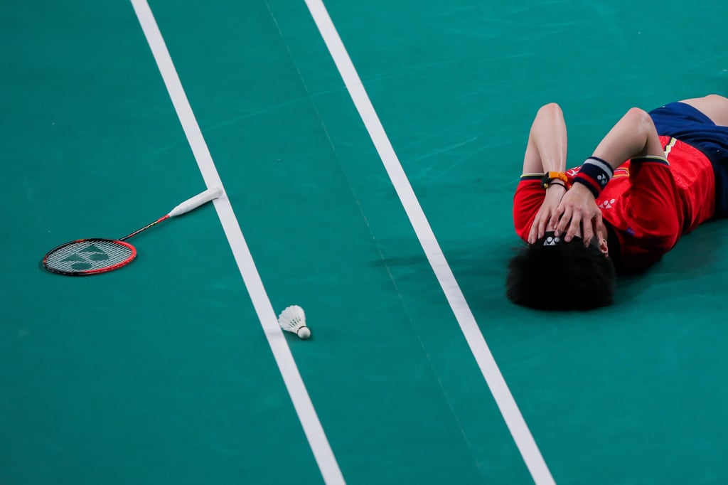 Wang Zhiyi reacts after beating South Korea’s An Se Young in the semi-finals on Saturday. Photo: Xinhua