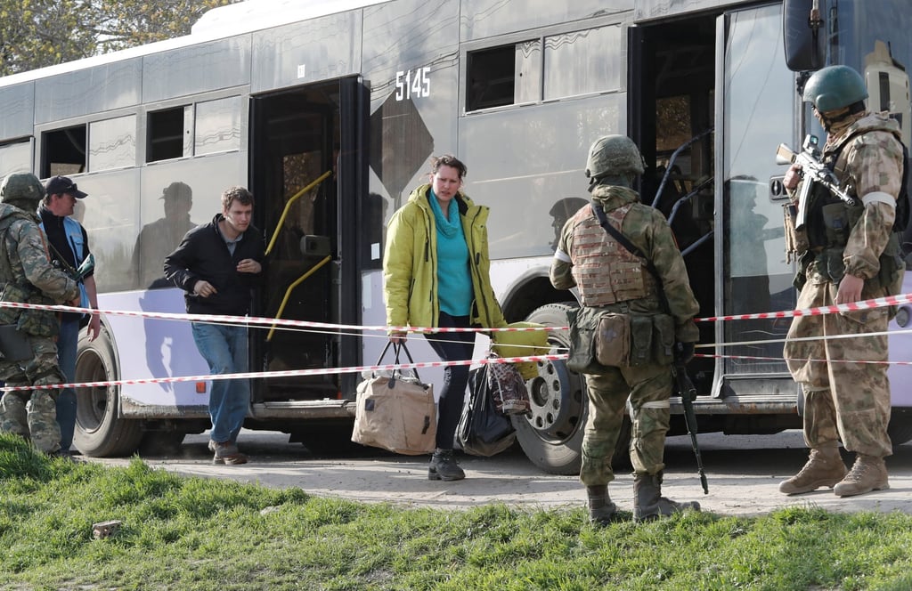Azovstal steel plant employee Natalia Usmanova, 37, evacuated from Mariupol, arrives at a temporary accommodation centre on Sunday. Photo: Reuters Azovstal steel plant employee Natalia Usmanova, 37, evacuated from Mariupol, arrives at a temporary accommodation centre on Sunday. Photo: Reuters