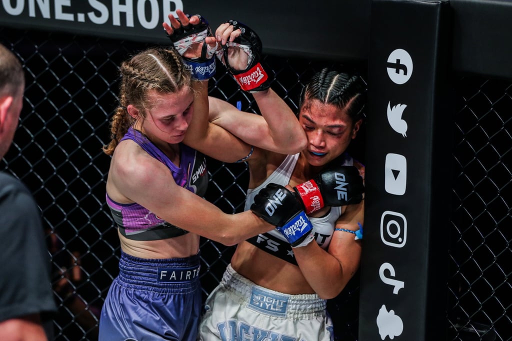Smilla Sundell lands an elbow on Jackie Buntan’s face at ONE 156. Photo: ONE Championship