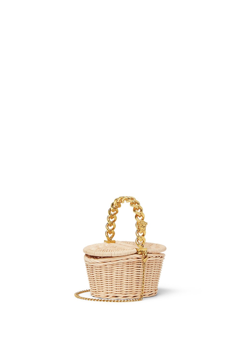 Versace’s woven basket bag with golden chain-link handle and Medusa plaque. Photo: Versace