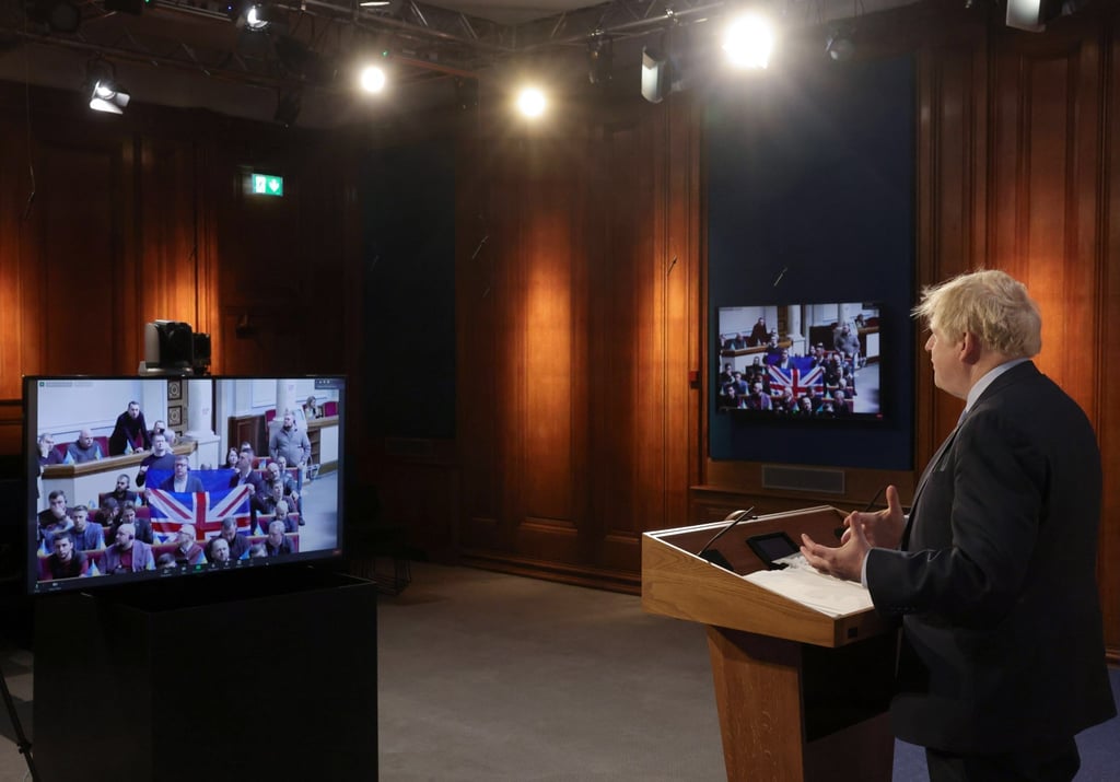 British Prime Minister Boris Johnson addressing the Ukraininan Parliament via video link from Downing Street, in London, Britain on Tuesday. Photo: Handout