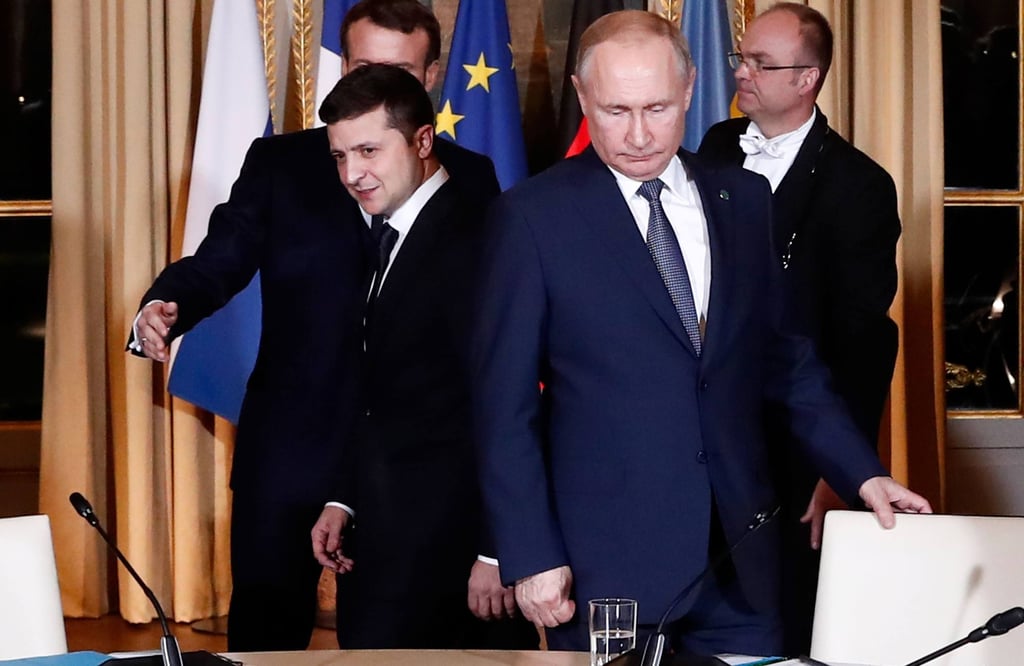 Ukrainian President Volodymyr Zelensky (L) and Russian President Vladimir Putin (R) arrive to attend a meeting on Ukraine with French President and German chancellor at the Elysee Palace in December 2019 in Paris. Photo: Pool/ AFP Ukrainian President Volodymyr Zelensky (L) and Russian President Vladimir Putin (R) arrive to attend a meeting on Ukraine with French President and German chancellor at the Elysee Palace in December 2019 in Paris. Photo: Pool/ AFP