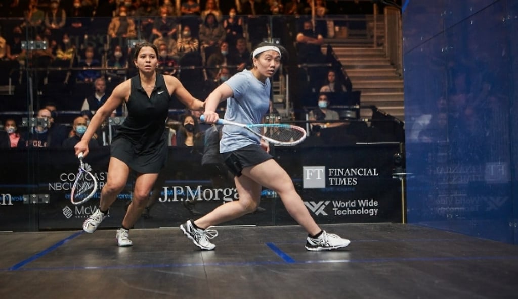Chan Sin-yuk (right) during her victory over world No 36 Zeina Mickawy of Egypt in the first round of the Tournament of Champions. Photo: PSA
