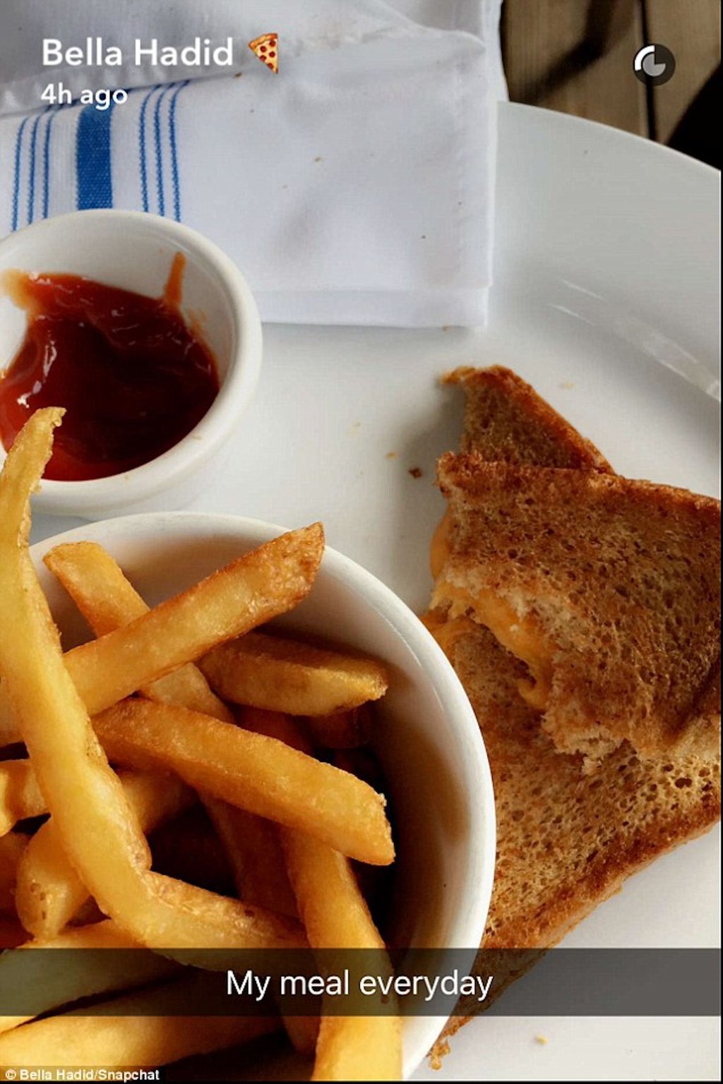 Bella Hadid’s daily go-to meal – a grilled cheese sandwich and fries.
