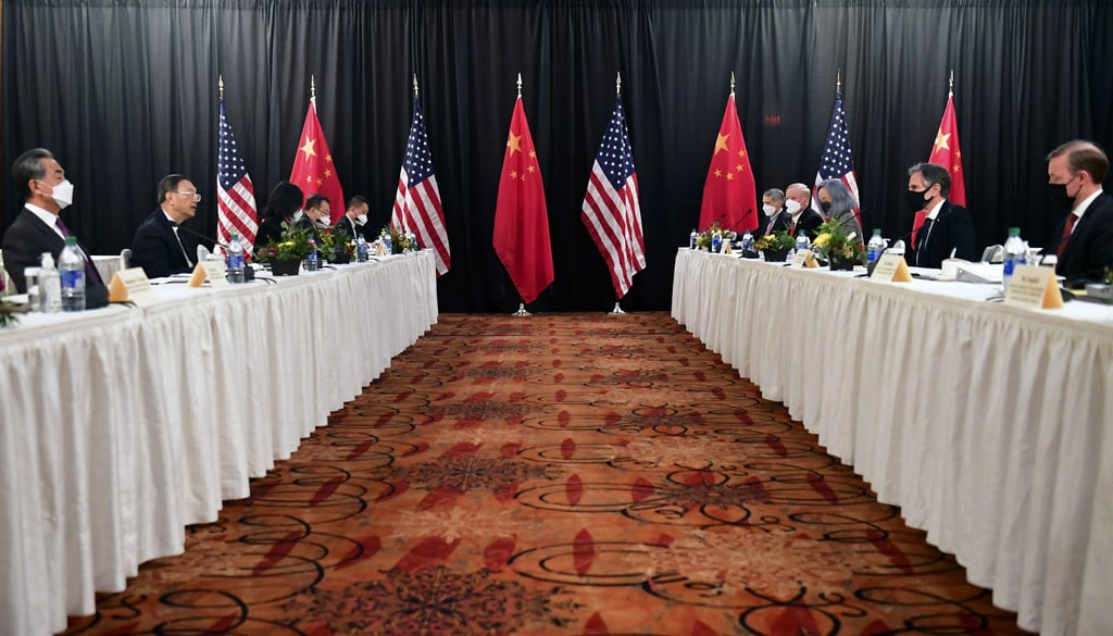 Secretary of State Antony Blinken (second from right), joined by national security adviser Jake Sullivan (right), speaks while facing Chinese Communist Party foreign affairs chief Yang Jiechi (second from left) and China’s State Councillor Wang Yi (left) at the opening session of US-China talks at the Captain Cook Hotel in Anchorage, Alaska in March 2021. Photo: AP Secretary of State Antony Blinken (second from right), joined by national security adviser Jake Sullivan (right), speaks while facing Chinese Communist Party foreign affairs chief Yang Jiechi (second from left) and China’s State Councillor Wang Yi (left) at the opening session of US-China talks at the Captain Cook Hotel in Anchorage, Alaska in March 2021. Photo: AP