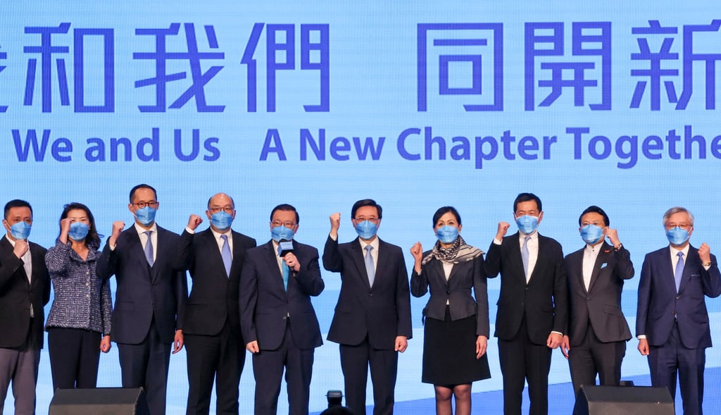 Hong Kong’s sole chief executive candidate John Lee (fifth from right). Photo: Felix Wong Hong Kong’s sole chief executive candidate John Lee (fifth from right). Photo: Felix Wong