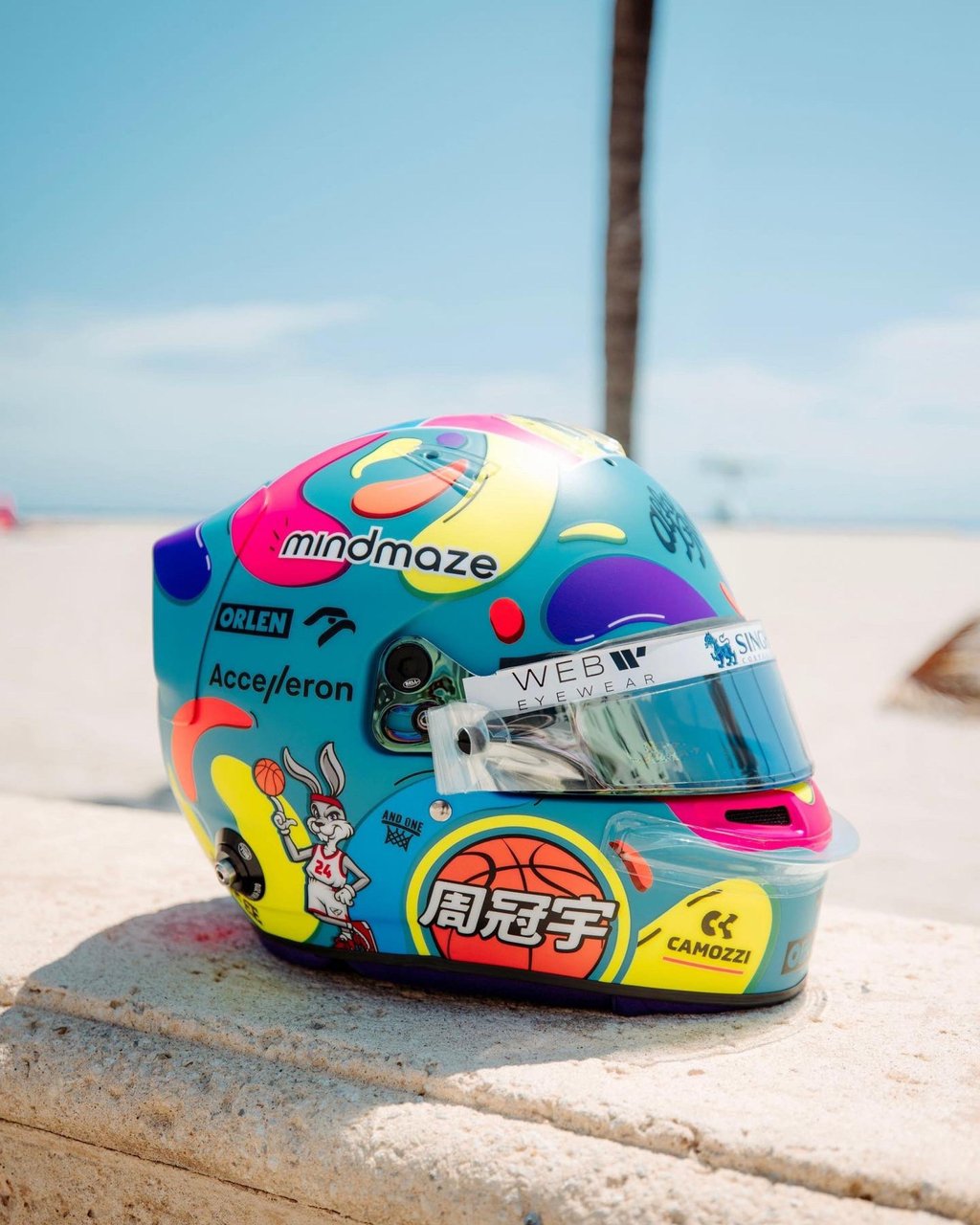 F1 star Zhou Guanyu shows off his newly designed helmet ahead of the Miami Grand Prix. Photo: Twitter