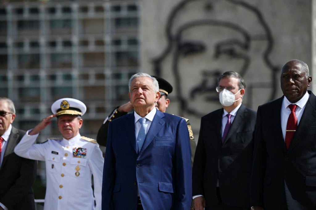 Mexico’s President Andres Manuel Lopez Obrador, centre, attends a wreath-laying ceremony at the Jose Marti monument in Havana, Cuba on May 8. Photo: Reuters Mexico’s President Andres Manuel Lopez Obrador, centre, attends a wreath-laying ceremony at the Jose Marti monument in Havana, Cuba on May 8. Photo: Reuters