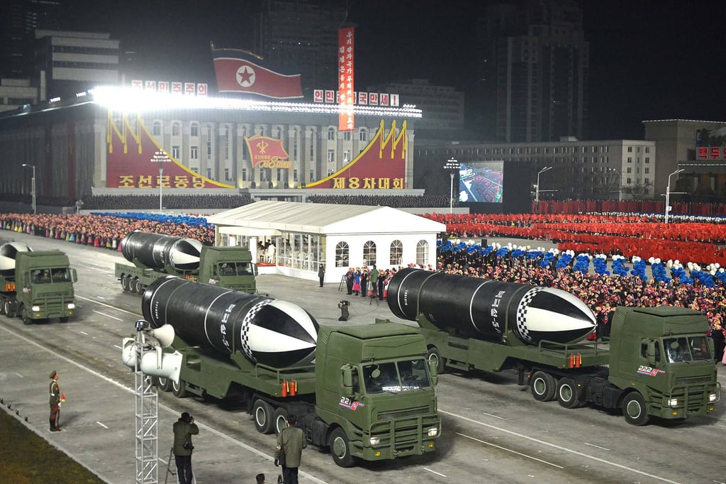 Suspected submarine-launched ballistic missiles are seen at a military parade in Pyongyang in January. Photo: AFP Suspected submarine-launched ballistic missiles are seen at a military parade in Pyongyang in January. Photo: AFP