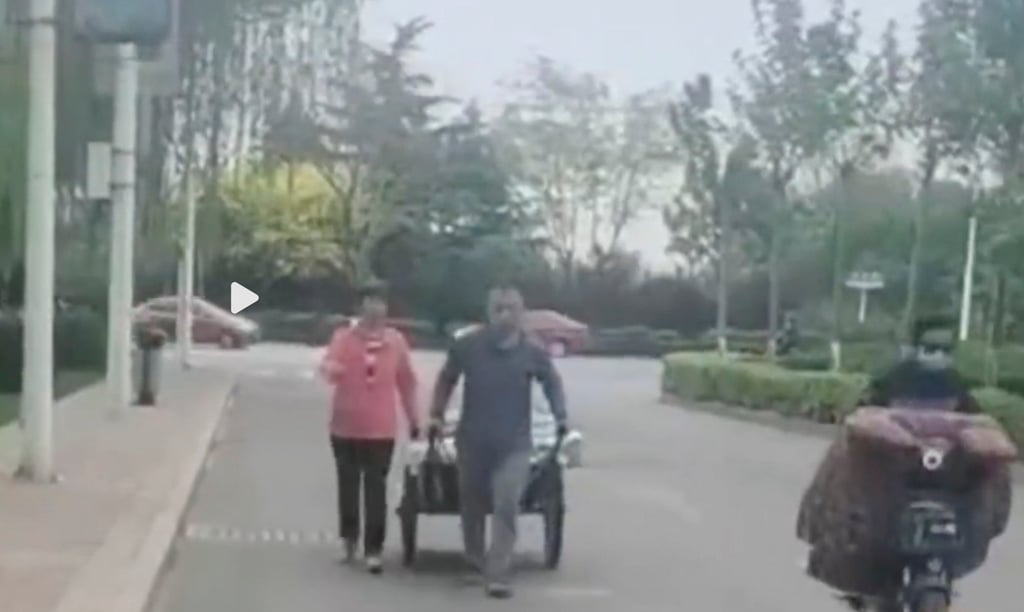 Two brothers decided a hand-pull cart was the best way to help their mother get home. Photo: Weibo
