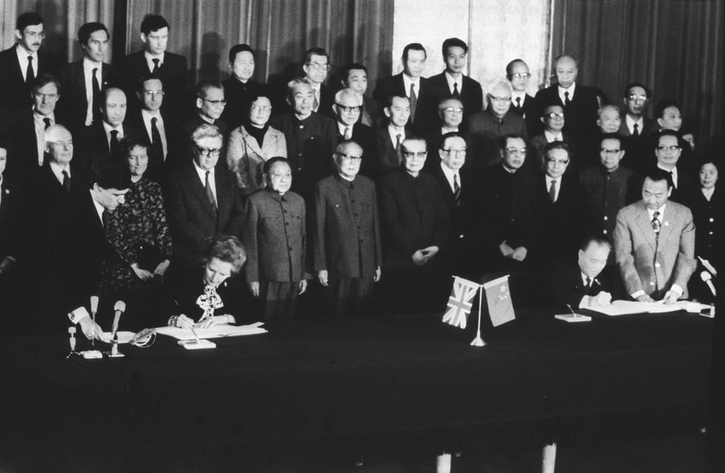 British Prime Minister Margaret Thatcher (front left), and China’s Prime Minister Zhao Ziyang sign the Sino-British Joint Declaration in Beijing confirming the return of Hong Kong to China from July 1, 1997. Photo: SCMP