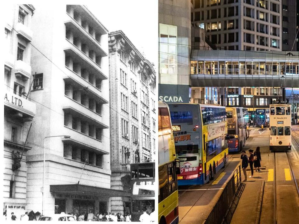 Manulife’s Hong Kong office in Windsor House (pictured left in the 1940s) in Central district, which was located on the site where the Landmark (right) stands today. Photos: Manulife, Asia Travel/Shutterstock
