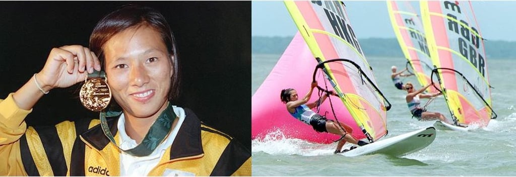 Hong Kong windsurfer Lee Lai-shan (left, and front right) with her gold medal after victory in the mistral class at the Atlanta Olympics in July 1996. Photos: David Wong