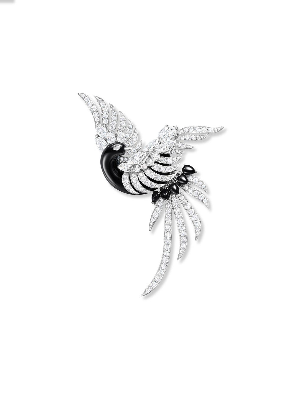 Harry Winston’s Black Necked Crane brooch, with five pear-shaped and one uniquely-carved onyx and round brilliant, pear-shaped and marquise diamonds, set in platinum. Photo: Harry Winston