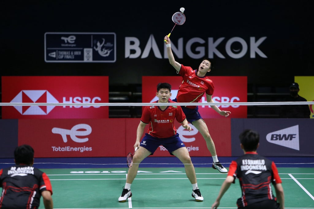 China compete in the doubles match against Indonesia during a quarter-finals at the Thomas Cup badminton tournament in Bangkok. Photo: Xinhua