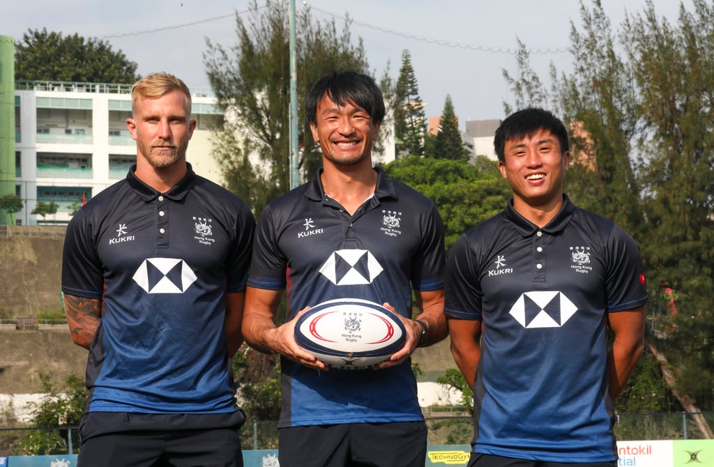 Hong Kong rugby players from left, Max Woodward (captain), Salom Yiu Kam-shing and Cado Lee Ka-to meet the press before heading to Europe. Photo: SCMP/Xiaomei Chen