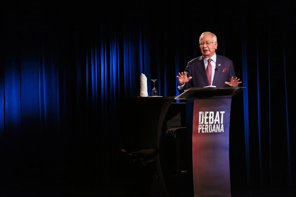 Najib Razak, Malaysia’s former prime minister, during a live TV debate on Thursday. Photo: Bloomberg Najib Razak, Malaysia’s former prime minister, during a live TV debate on Thursday. Photo: Bloomberg
