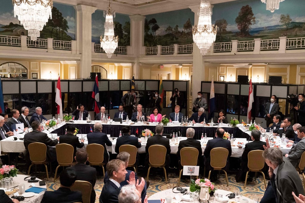 US Commerce Secretary Gina Raimondo (centre) speaks to delegates during the US- Association of Southeast Asian Nations summit in Washington on Thursday. Photo: AFP US Commerce Secretary Gina Raimondo (centre) speaks to delegates during the US- Association of Southeast Asian Nations summit in Washington on Thursday. Photo: AFP
