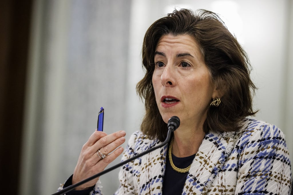 Gina Raimondo, US commerce secretary, speaks during a Senate Commerce, Science and Transportation Committee hearing in Washington on April 27. Photo: Bloomberg Gina Raimondo, US commerce secretary, speaks during a Senate Commerce, Science and Transportation Committee hearing in Washington on April 27. Photo: Bloomberg