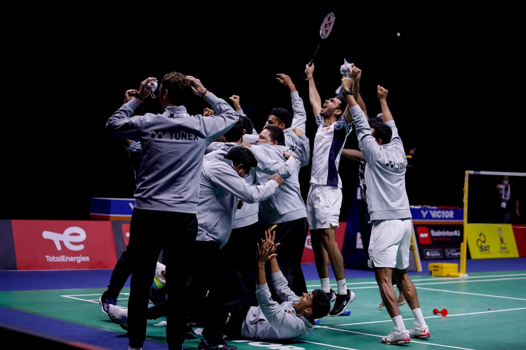 Team India celebrate winning the men’s finals at the BWF Thomas and Uber Cup Finals in Thailand. Photo: EPA-EFE