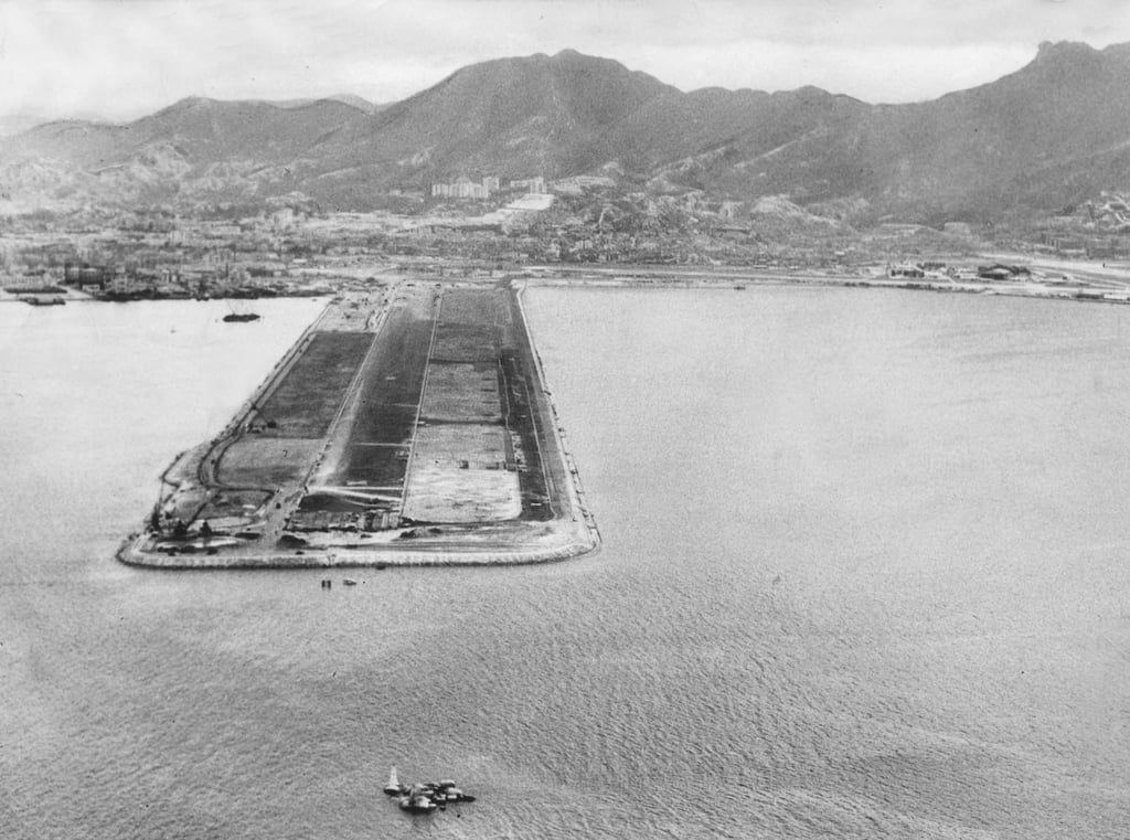 Kai Tak Airport’s runway built on reclaimed land in Kowloon Bay pictured in 1958. Photo: SCMP