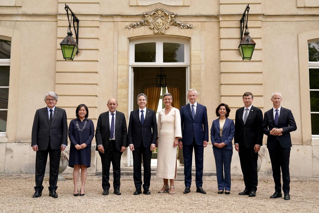 US Secretary of Commerce Gina Raimondo (third from right) worked with EU officials to set up a Strategic Standardisation Information mechanism in Paris on Sunday. Photo: AFP US Secretary of Commerce Gina Raimondo (third from right) worked with EU officials to set up a Strategic Standardisation Information mechanism in Paris on Sunday. Photo: AFP