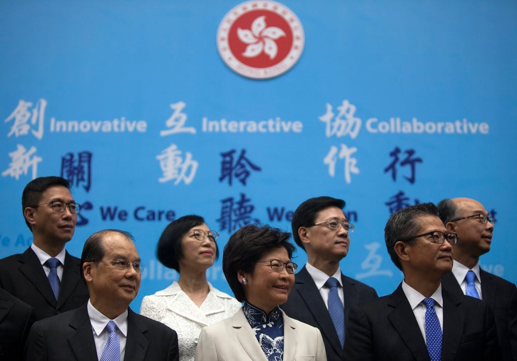 Chief Executive-elect Carrie Lam Cheng Yuet-ngor (centre) with her cabinet in 2017. Photo: EPA Chief Executive-elect Carrie Lam Cheng Yuet-ngor (centre) with her cabinet in 2017. Photo: EPA
