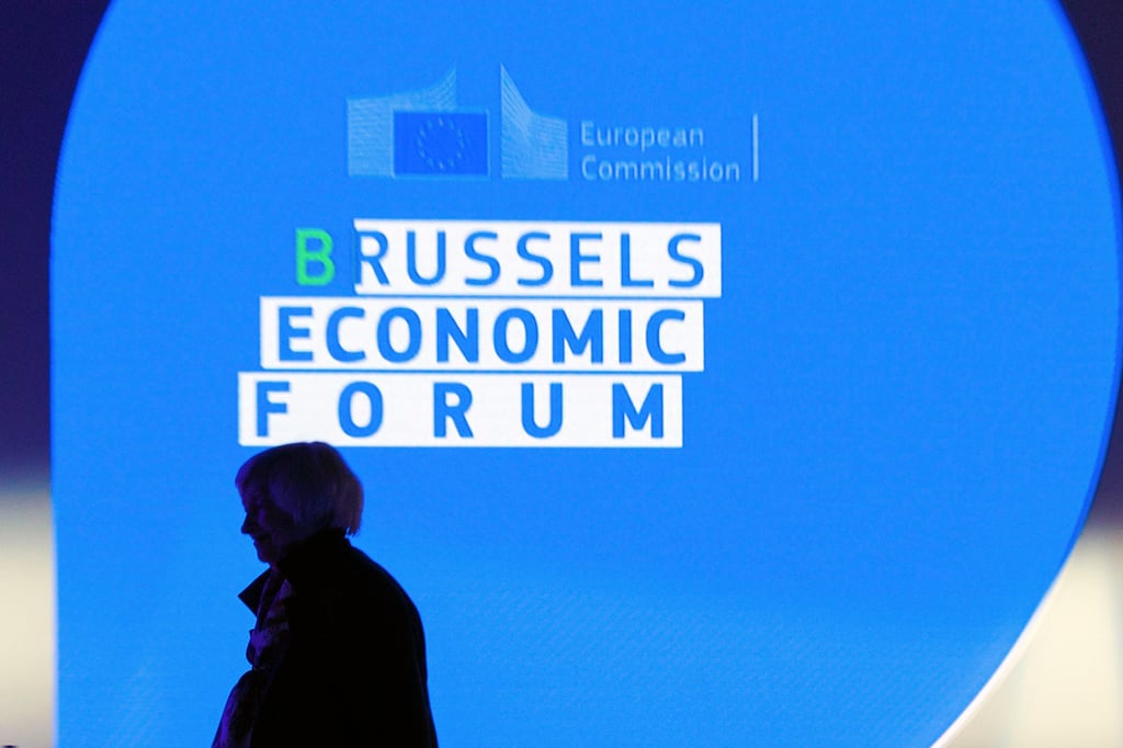 US Treasury Secretary Janet Yellen is silhouetted against a sign as she leaves the stage at the Brussels Economic Forum. Photo: AP US Treasury Secretary Janet Yellen is silhouetted against a sign as she leaves the stage at the Brussels Economic Forum. Photo: AP