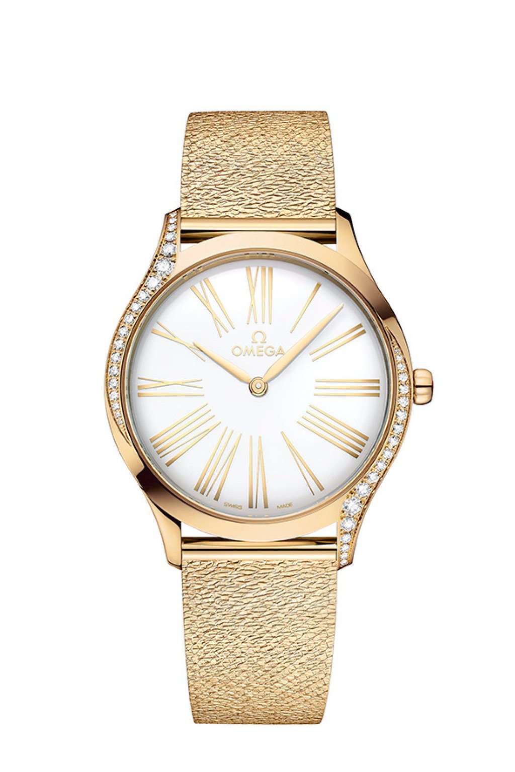 The Omega De Ville Trésor in 18k Moonshine Gold – an alloy developed by the brand that resists fading.