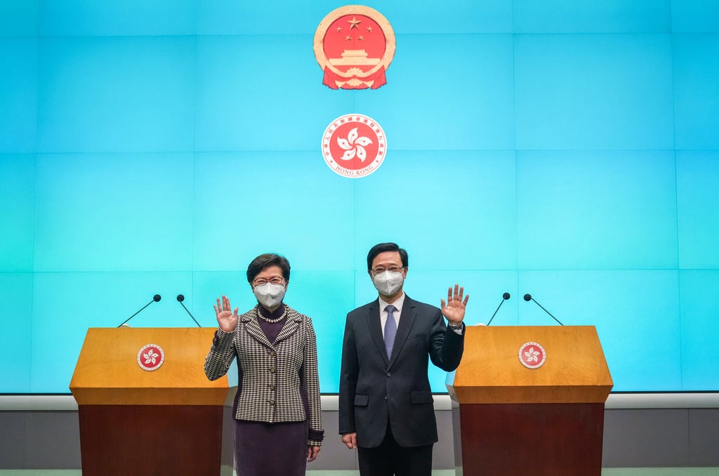 Chief Executive Carrie Lam and incoming leader John Lee. Photo: Sam Tsang Chief Executive Carrie Lam and incoming leader John Lee. Photo: Sam Tsang