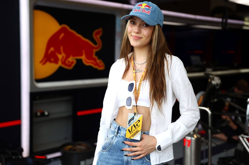Eileen Gu poses outside the Red Bull Racing garage ahead of the Miami Grand Prix. Photo: AFP