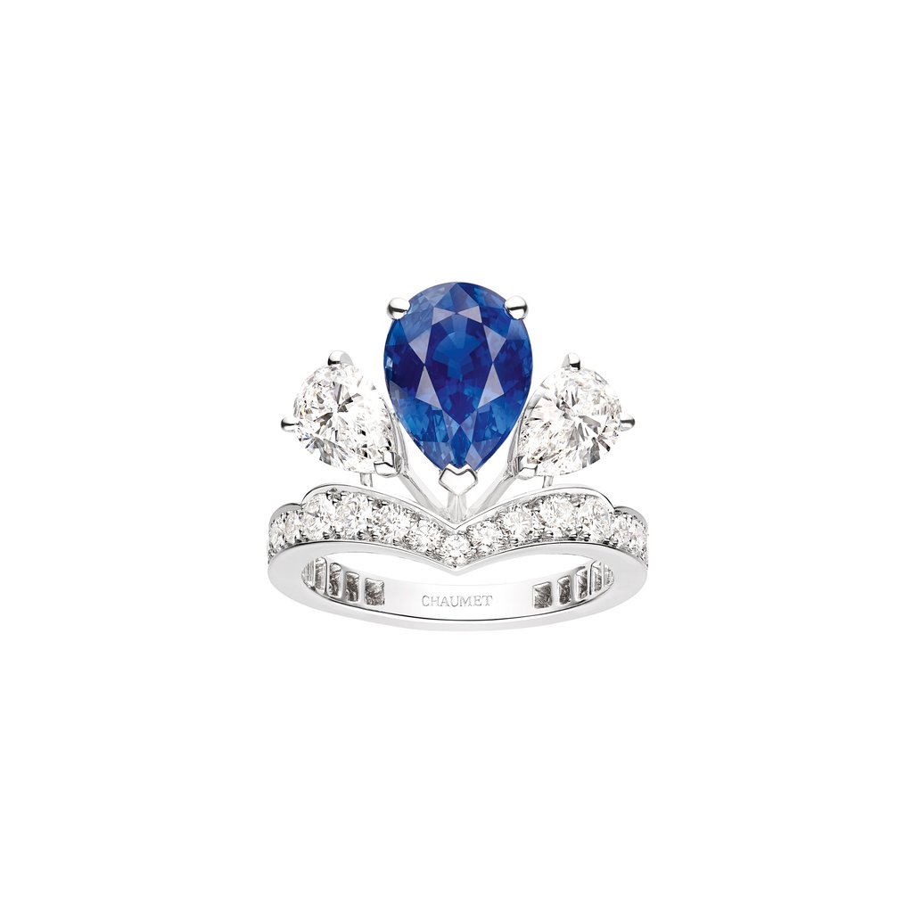 Chaumet Joséphine Valse Impériale Solitaire in platinum, set with 27 brilliant-cut diamonds weighing 0.83 carats, one pear-shaped sapphire weighing 4.05 carats and two pear-shaped diamonds weighing 1.52 carats. Photo: Chaumet