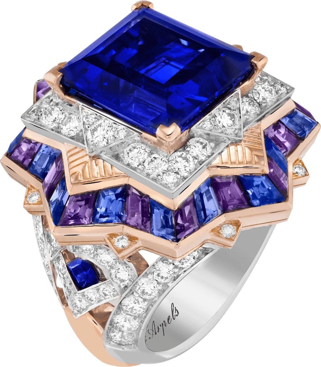 Aurigae ring in white and rose gold with one emerald-cut sapphire of 13.06 carats from Sri Lanka, plus blue and mauve sapphires and diamonds. Photo: Van Cleef & Arpels