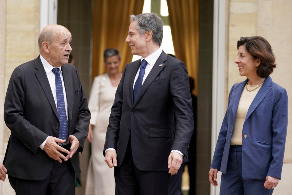 US Secretary of State Antony Blinken (centre) and Commerce Secretary Gina Raimondo speak with French Foreign Minister Jean-Yves Le Drian before Trade and Technology Council talks in Paris on Sunday. Photo: AP US Secretary of State Antony Blinken (centre) and Commerce Secretary Gina Raimondo speak with French Foreign Minister Jean-Yves Le Drian before Trade and Technology Council talks in Paris on Sunday. Photo: AP