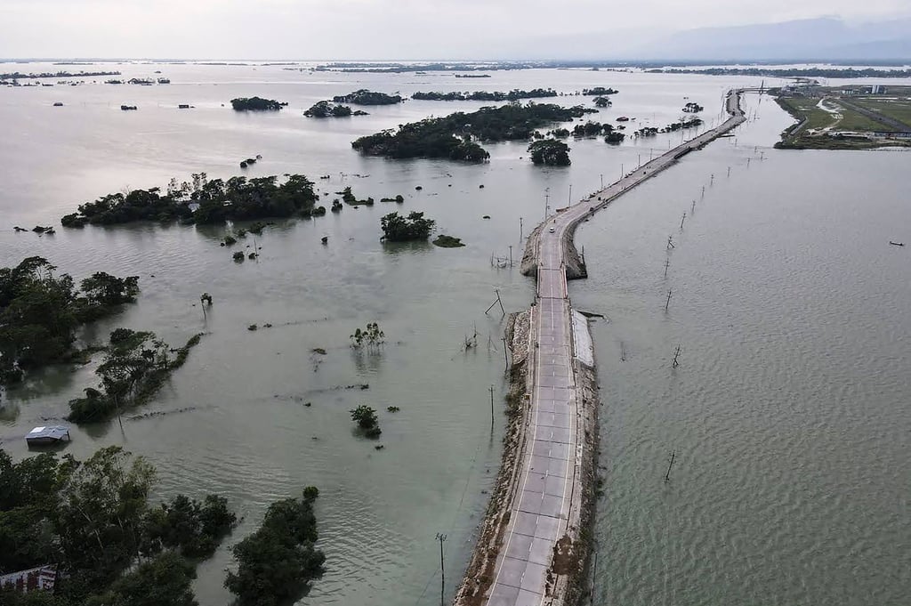 Aerial photograph shows a large flooded area following heavy rains in Companiganj, Bangladesh. Photo: AFP