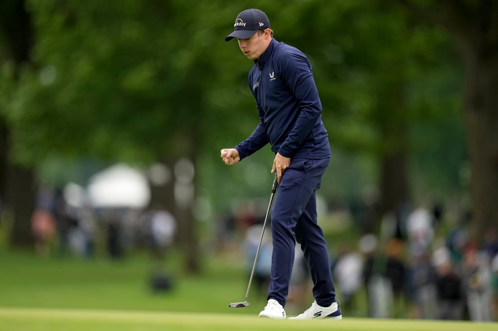 Matt Fitzpatrick celebrates after putting for birdie on 6 at Southern Hills Country Club. Photo: AP Matt Fitzpatrick celebrates after putting for birdie on 6 at Southern Hills Country Club. Photo: AP