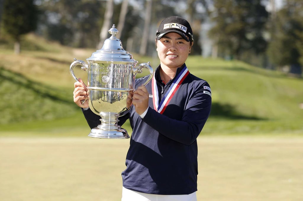 Yuka Saso celebrates with the Harton S Semple Trophy after winning the 76th US Women’s Open Championship. Photo: AFP