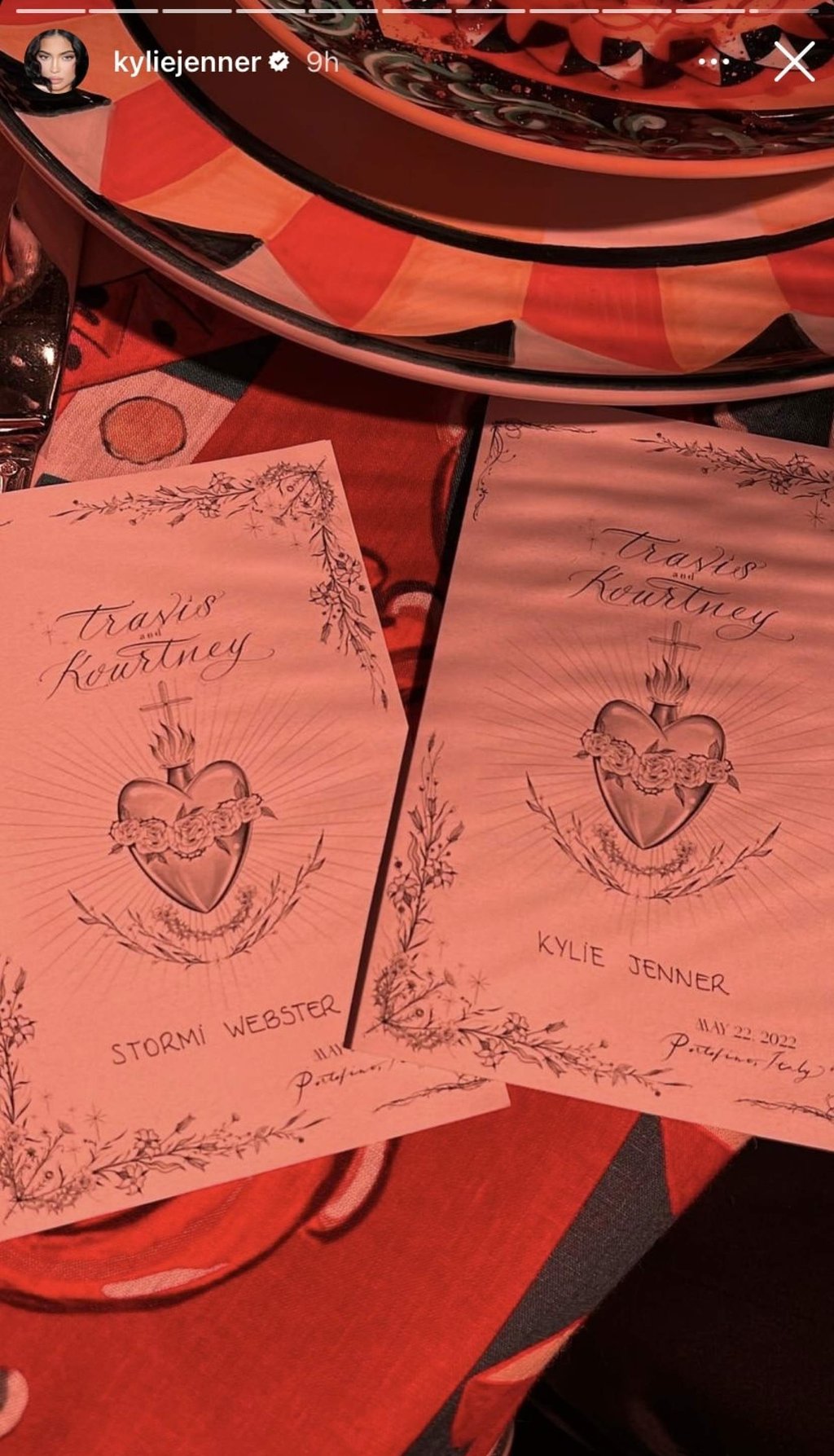 Kourtney Kardashian and Travis Barker’s wedding dinner menus. Photo: @kyliejenner/Instagram
