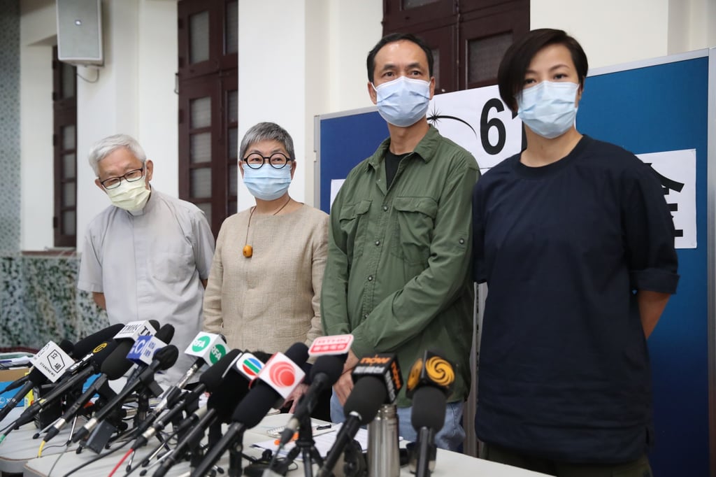 (From left) Cardinal Joseph Zen, Margaret Ng, Hui Po-keung and Denise Ho attend a media briefing by the 612 Humanitarian Relief Fund in August 2021. Photo: Edmond So