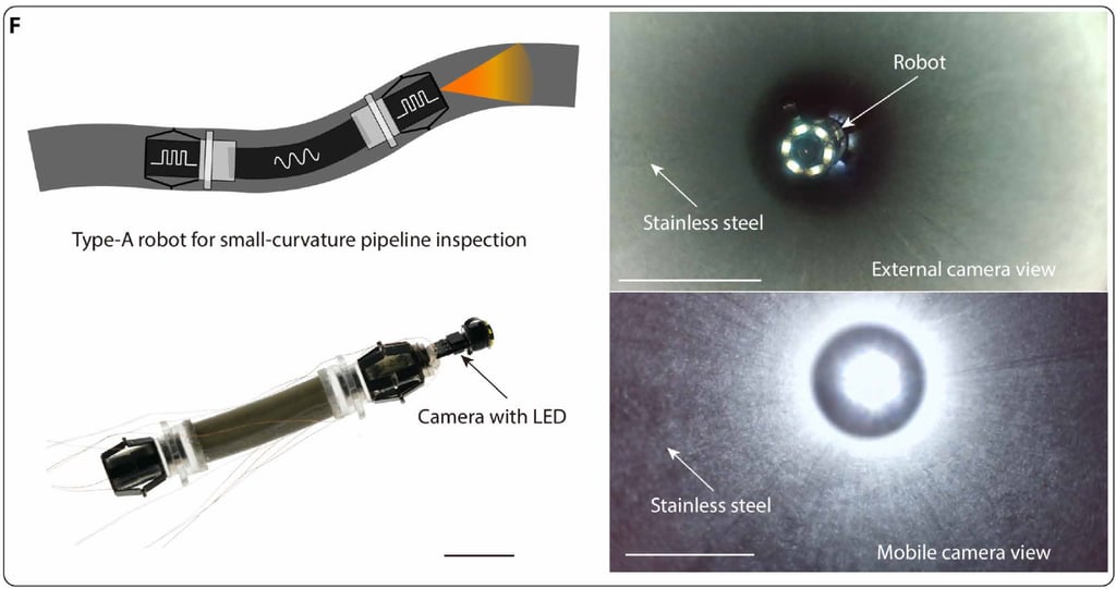 Images of the robot with a camera installed at the front and the robot inspecting the environment in a stainless steel pipe. Photo: Handout Images of the robot with a camera installed at the front and the robot inspecting the environment in a stainless steel pipe. Photo: Handout