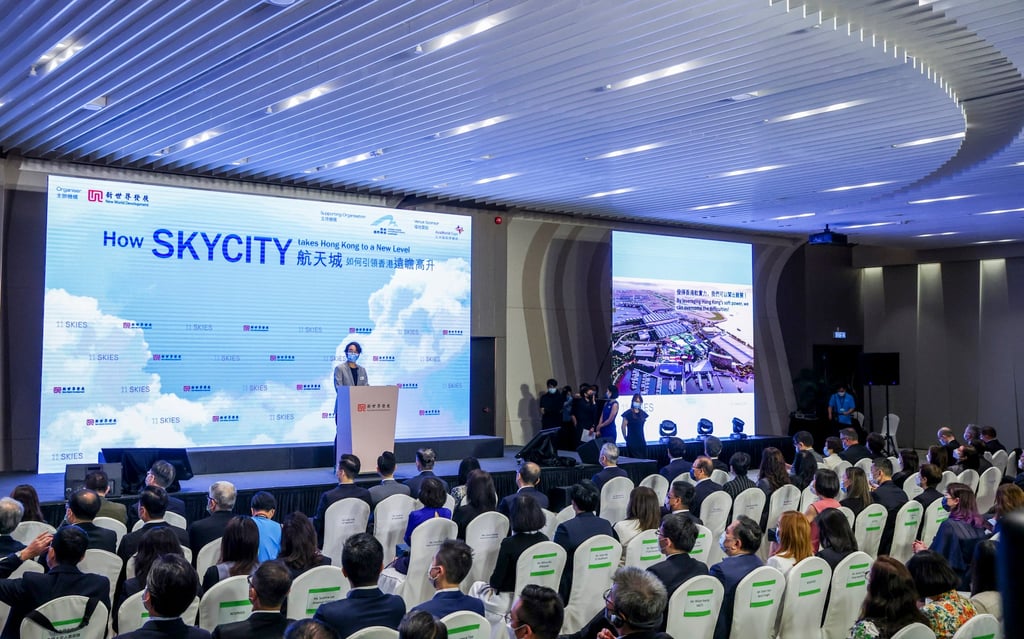 Adrian Cheng, CEO of New World Development, addresses the Skycity forum at the AsiaWorld-Expo, on Thursday. Photo: Yik Yeung-man