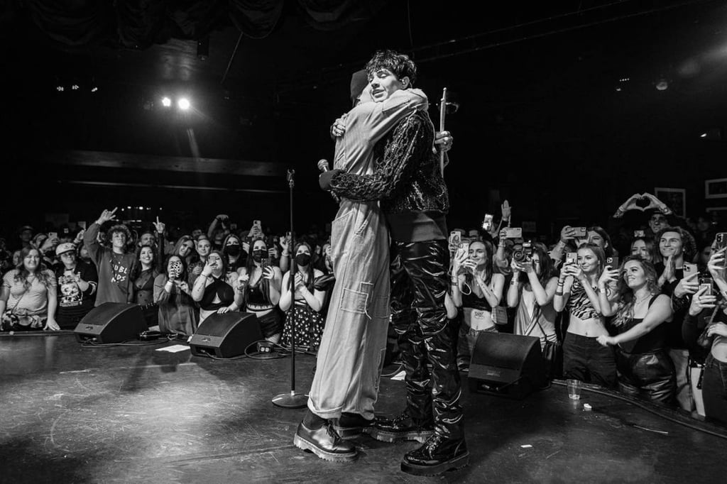 Travis Barker hugs his son Landon on stage during his show at The Roxy Theatre in Los Angeles. Photo: @travisbarker/Instagram Travis Barker hugs his son Landon on stage during his show at The Roxy Theatre in Los Angeles. Photo: @travisbarker/Instagram