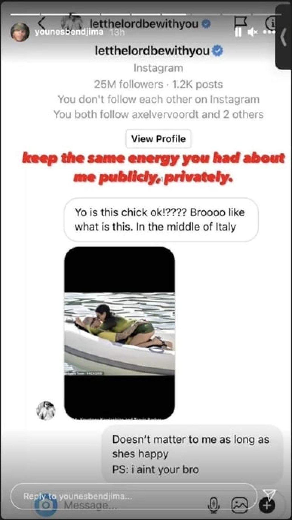 Younes Bendjima leaked a private message that Scott Disick had sent him, in which he complained about a photo of Kourtney Kardashian kissing Travis Barker. Photo: @younesbendjima/Instagram