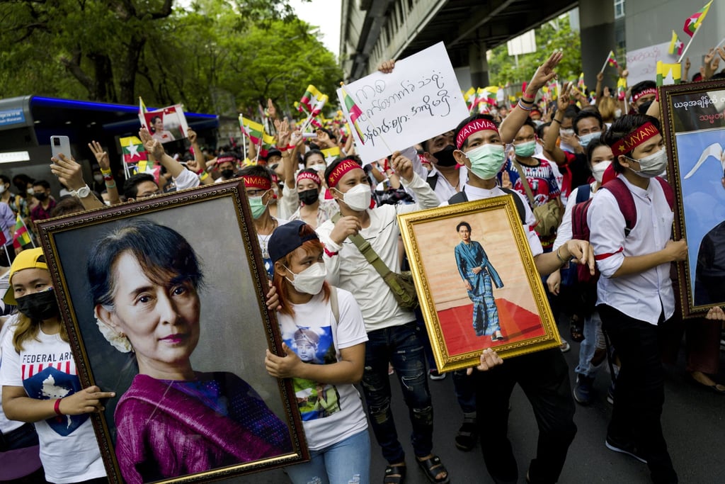 Myanmar migrant workers demonstrate against the military coup and to demand the restoration of democracy in their country during a protest to mark May Day in Bangkok. Photo: Reuters