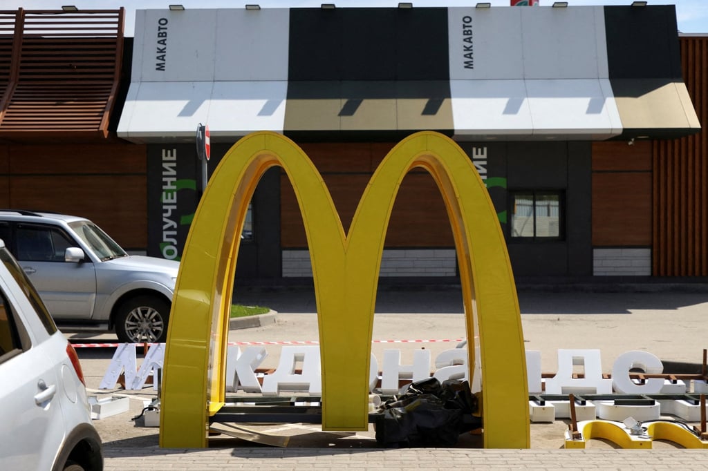The dismantled McDonald’s Golden Arches after the logo signage was removed from a drive-through restaurant in Khimki, outside Moscow, Russia on May 23. Photo: Reuters