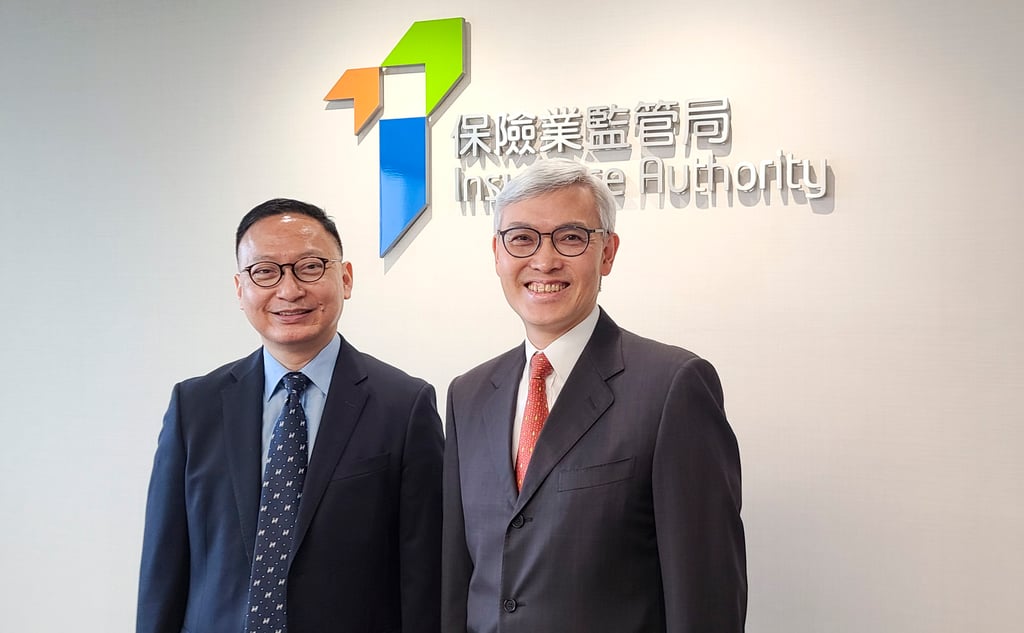 Insurance Authority Chief Executive Clement Cheung Wan-ching (left) and Chairman Stephen Yiu Kin-wah meet with media in the authority’s office in Wong Chuk Hang on May 26, 2022. Photo: SCMP/ Enoch Yiu