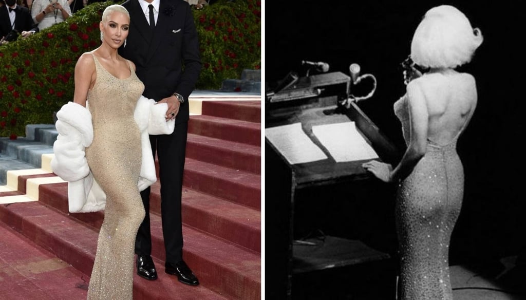 Kim Kardashian wore a dress Marilyn Monroe made famous in 1962 to the Met Gala. Photos: AP, @marilynmonroecollection/Instagram