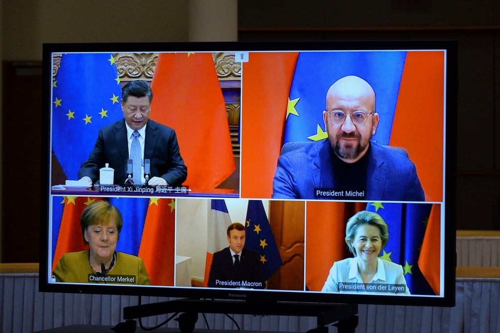 Chinese President Xi Jinping meets European leaders in a videoconference in December 2020, when they wrapped up marathon negotiations for an investment pact. Photo: AP
